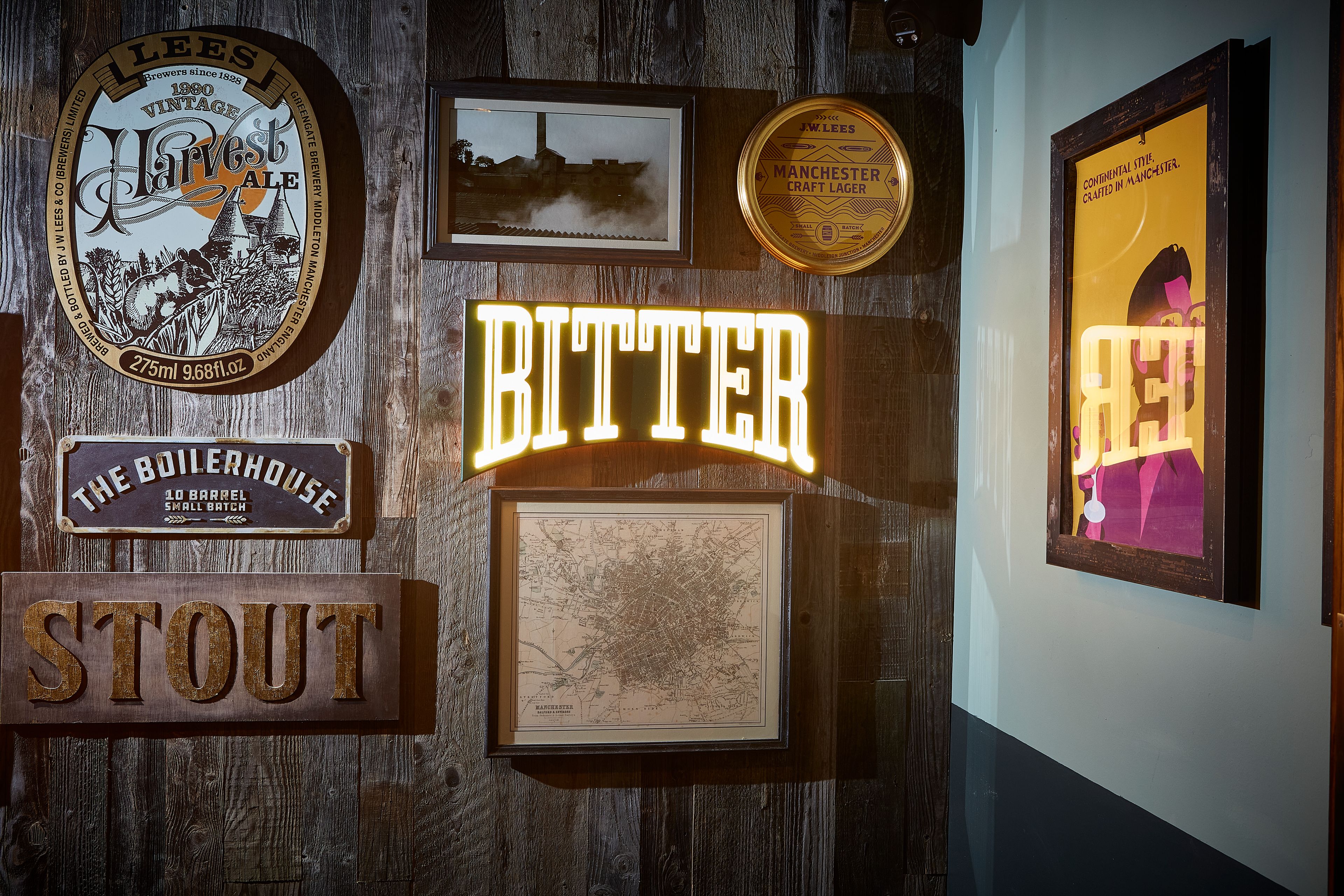 Bitter sign at Founders by JW Lees Brewery. Manchester's oldest brewery