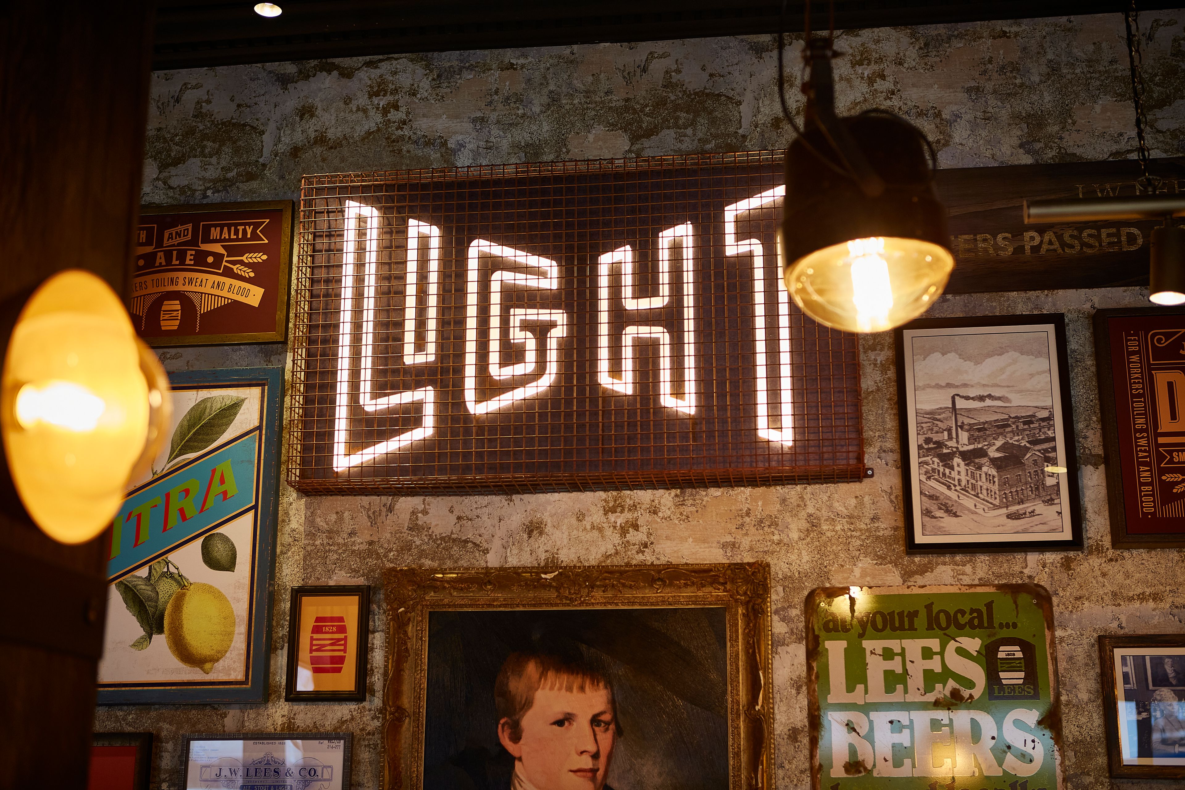 Light Lager sign at JW Lees Brewery. Manchester's oldest brewery